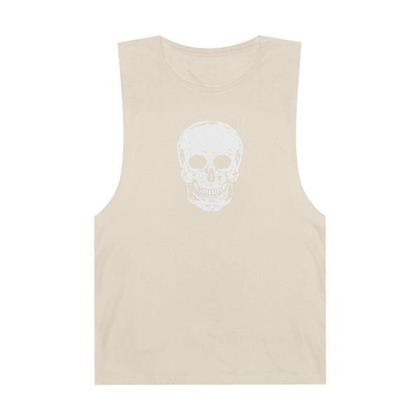 Beige sleeveless tank top with bold white skull graphic on front, made of lightweight breathable fabric for streetwear style.