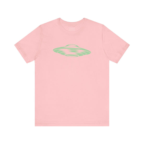Pink unisex short sleeve t shirt with a celadon green vintage flying saucer UFO graphic