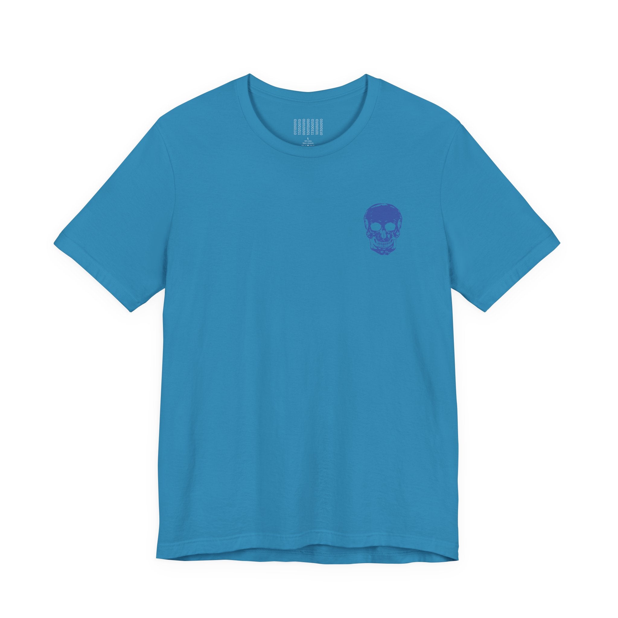 Blue graphic tee shirt with small blue skull front left and large jumbo skull back print