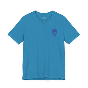 Blue graphic tee shirt with small blue skull front left and large jumbo skull back print