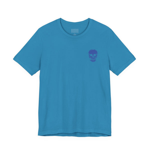 Blue graphic tee shirt with small blue skull front left and large jumbo skull back print