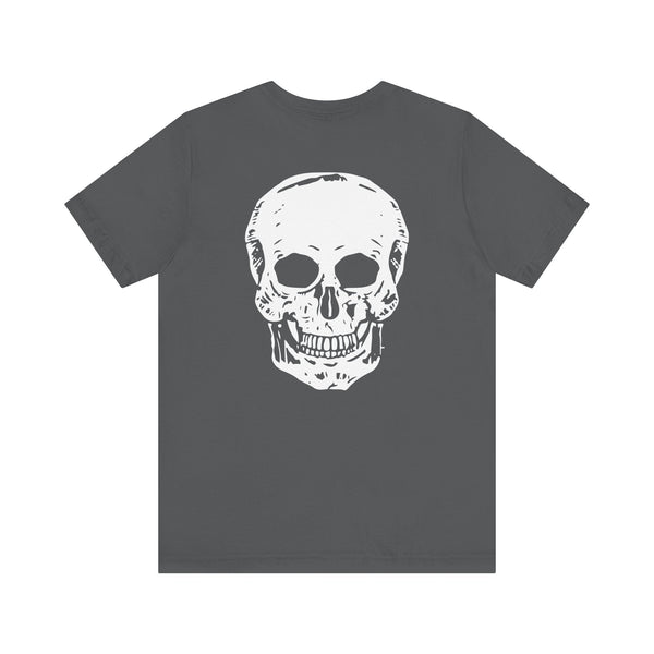 Gray skull graphic tee with jumbo white skull design on the back
