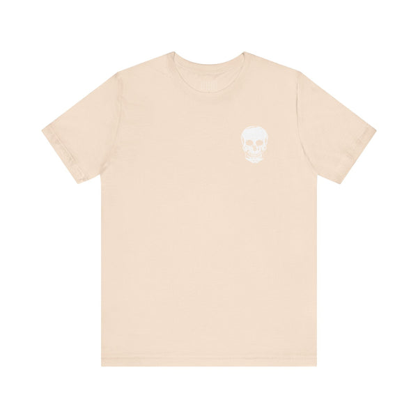 White graphic tee with large skull back print and small front skull design