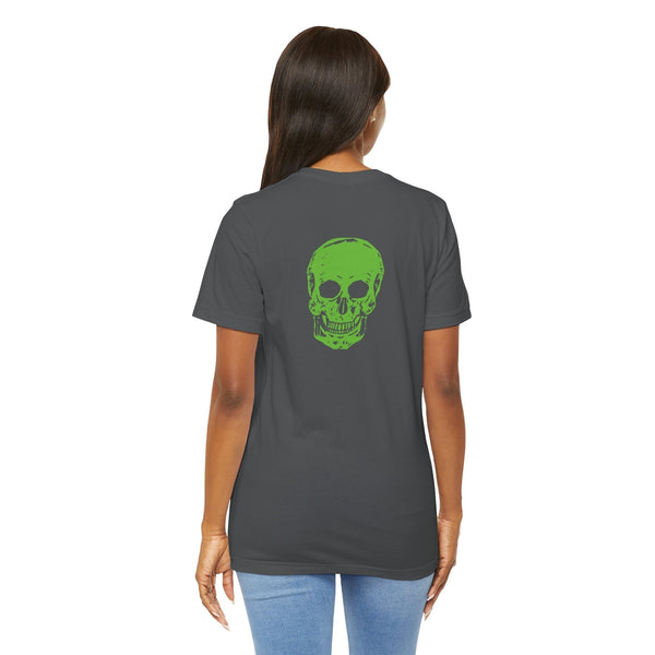 Woman wearing dark gray designer skull t-shirt with bold green skull graphic on the back
