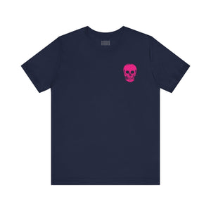navy punk rock tee with small hot pink skull graphic on front left chest