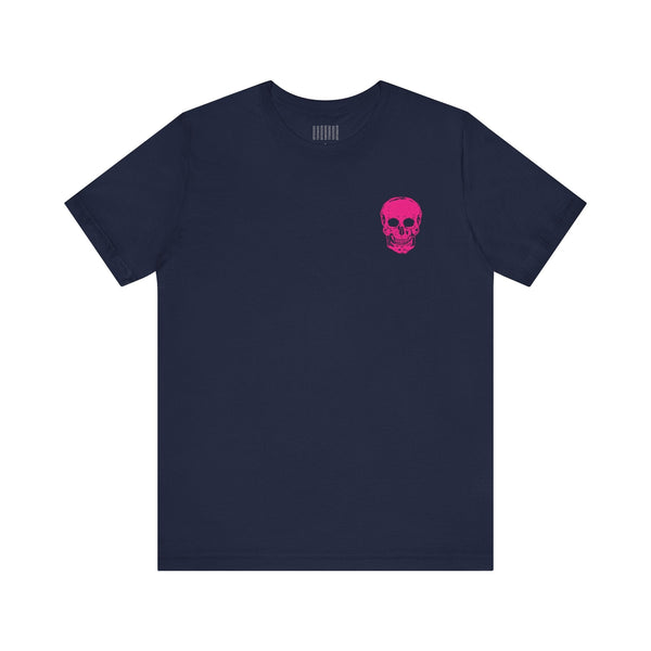 navy punk rock tee with small hot pink skull graphic on front left chest