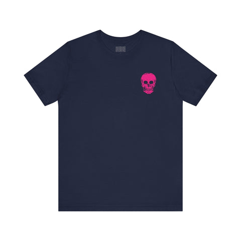 navy punk rock tee with small hot pink skull graphic on front left chest