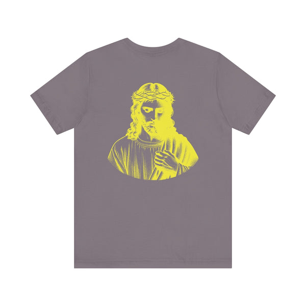 Christian streetwear gray T-shirt with jumbo yellow Jesus graphic on the back and mini yellow Jesus front print on the chest