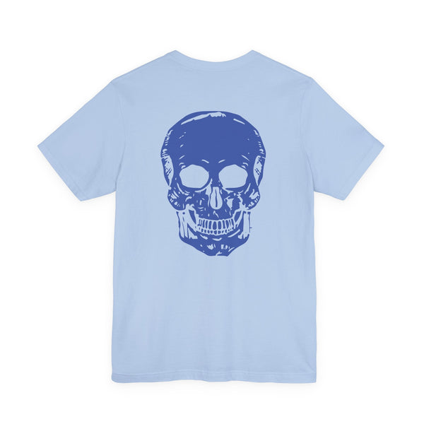 Light blue cotton t-shirt with large blue skull graphic on the back.