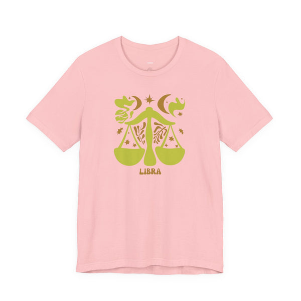 Pink Libra t shirt with green artistic balance scales zodiac graphic and celestial elements design