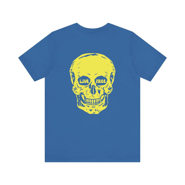 Blue indie style tee with jumbo yellow skull back print featuring "LIVE FREE" text in the eyes