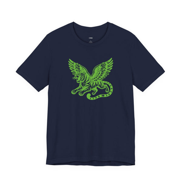 Navy t-shirt with neon green winged tiger graphic front print
