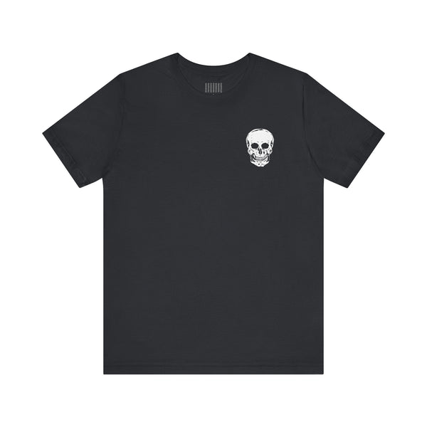Black graphic tee with white mini skull on front and jumbo skull back print design