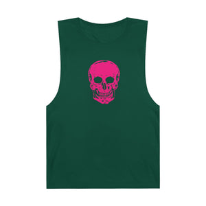 Green unisex tank top with bold pink skull graphic and raw sleeve edges, lightweight and breathable for warm weather.