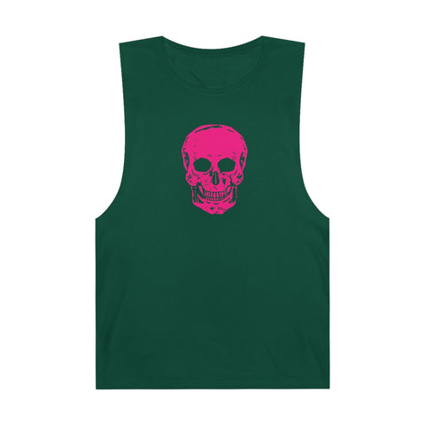 Green unisex tank top with bold pink skull graphic and raw sleeve edges, lightweight and breathable for warm weather.