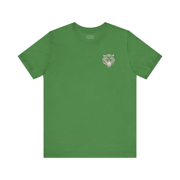 Green retro tiger t shirt with minimal pastel tiger graphic on chest, vintage unisex streetwear tee