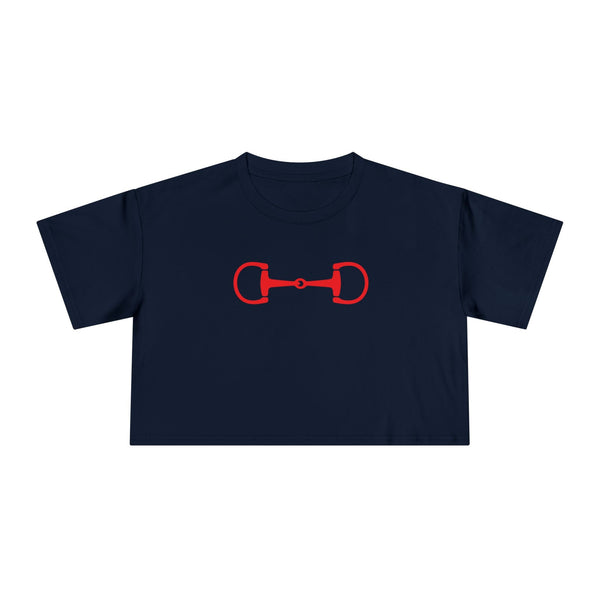 Navy cropped tee with bold red horsebit emblem in horsebit style design