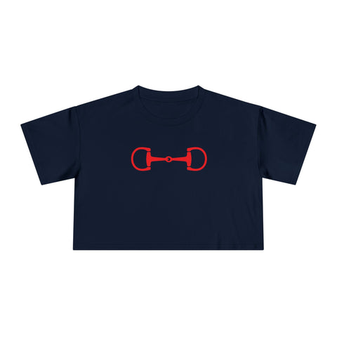 Navy cropped tee with bold red horsebit emblem in horsebit style design