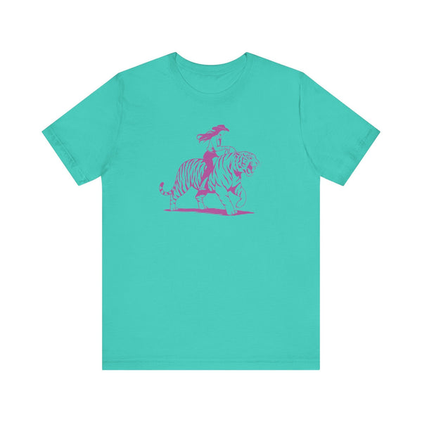 Turquoise cotton tee with neon magenta cowgirl riding tiger graphic, retro style, unisex short sleeve shirt