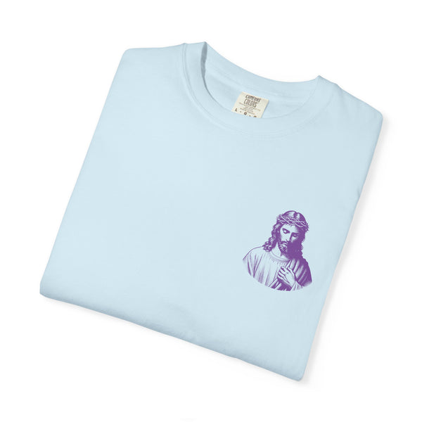 Purple Jumbo Jesus Back Print Tee with Purple Mini Jesus Front Left Graphic Tee - Iconic by Sandra Oles