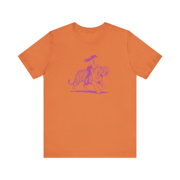 Cowgirl Riding Tiger Front Print Graphic Tee - Retro Style with Humor
