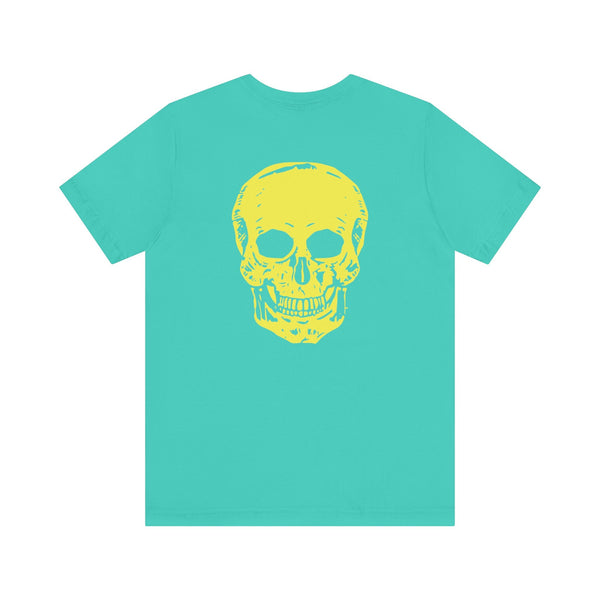 Turquoise underground style t-shirt with large yellow skull graphic on back