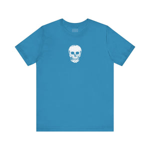 Blue t-shirts with centered white skull graphic on chest, made from soft cotton.