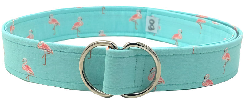 Aqua blue D-ring belt with pink flamingo pattern by Oliver Green, lightweight and adjustable summer accessory
