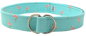 Aqua blue D-ring belt with pink flamingo pattern by Oliver Green, lightweight and adjustable summer accessory
