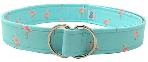 Pink flamingo cotton accessory by Oliver Green with polished D-ring buckle, tropical design