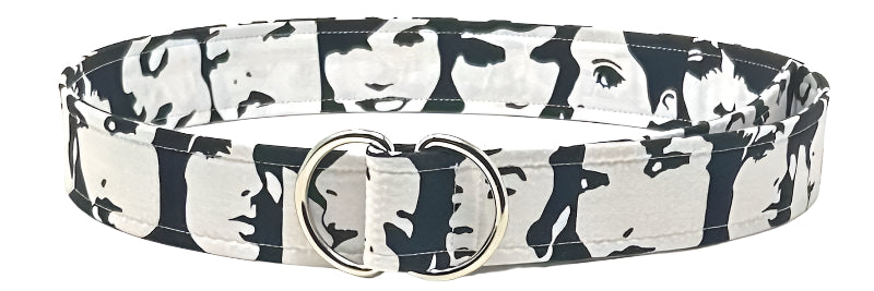 Iconic black and white 1960s caricature d-ring belt with cultural icon designs