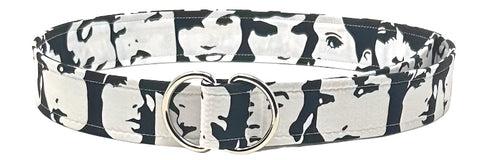 1960s style belt by Oliver Green in cotton with bold caricature-inspired graphic and polished D-ring buckle