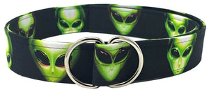 Alien accessory belt by Oliver Green in black cotton with green alien head print and polished D-ring belt