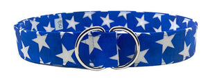 Royal blue star belt with bold white stars and silver double-ring buckle