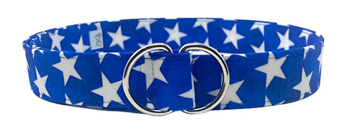 Royal blue star belt with bold white stars and silver double-ring buckle