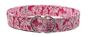 Bright pink floral fabric belt with adjustable silver D-ring closure, stylish and versatile accessory.