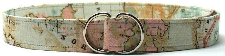 Coastal vintage world map cotton D-ring belt with silver buckle and muted pastel tones