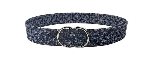 Navy belt in cotton with circle dot print and silver D-ring buckle by Oliver Green
