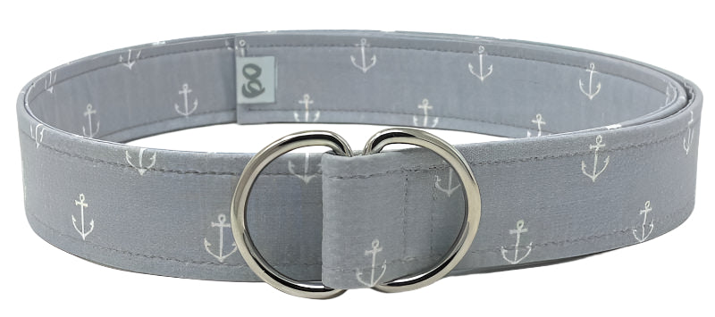 Grey D-ring belt with white anchor pattern by Oliver Green, nautical style accessory