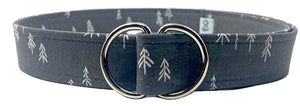 Outdoor fashion belt by Oliver Green featuring grey cotton fabric with subtle tree motif and polished D-ring buckle-inspired tree pattern fabric belt with metal D-ring buckle, 1.5 inches wide and 41.5 inches long.