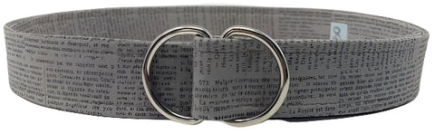 Graphic text belt by Oliver Green featuring bold typography print on cotton with polished D-ring buckle
