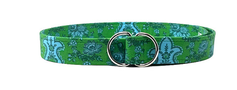 Green paisley belt in kelly green with soft blue details, cotton fabric, and silver D-ring buckle