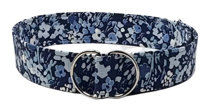 Navy Floral Wide D-Ring Belt featuring blue and white floral pattern, 2-inch wide fabric with adjustable silver D-ring closure.