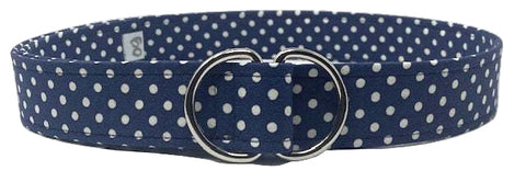 Classic style blue polka dot belt by Oliver Green featuring cotton fabric with crisp white dots and polished silver D-ring buckle