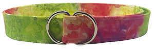 Neon watercolor belt with vibrant blue, green, and pink hues and silver double ring buckle