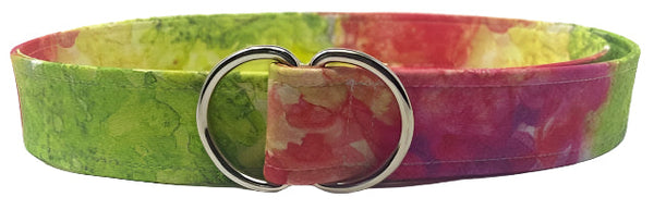 Neon watercolor belt with vibrant blue, green, and pink hues and silver double ring buckle
