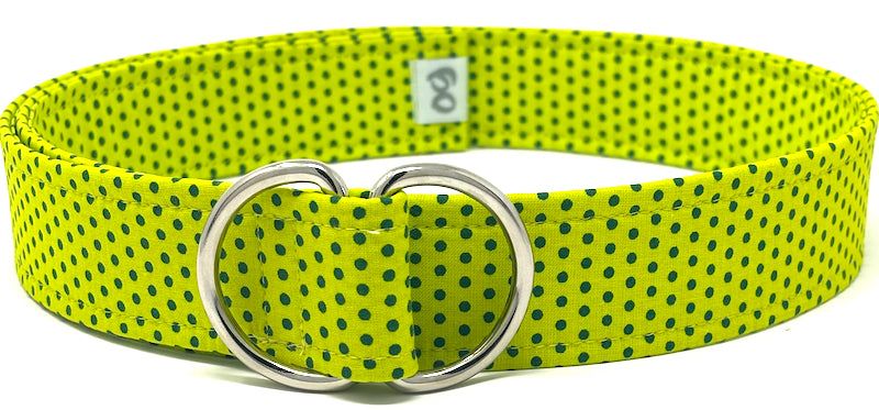 Polka dot belt by Oliver Green in neon green and teal cotton with polished D-ring buckle
