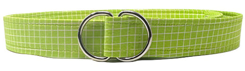 1980s style belt in lime green cotton with bold graphic grid print and silver D-ring buckle by Oliver Green