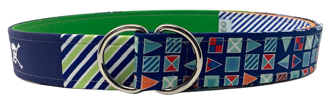 Nautical patchwork belt with coastal fabric patterns in green and blue tones, 1.5 inches wide and 45 inches long