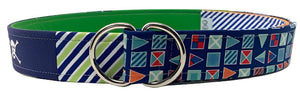 Nautical patchwork belt with coastal fabric patterns in green and blue tones, 1.5 inches wide and 45 inches long